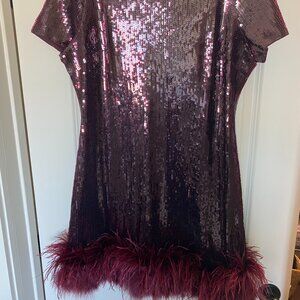 Express Burgundy Sequin and Feather Dress